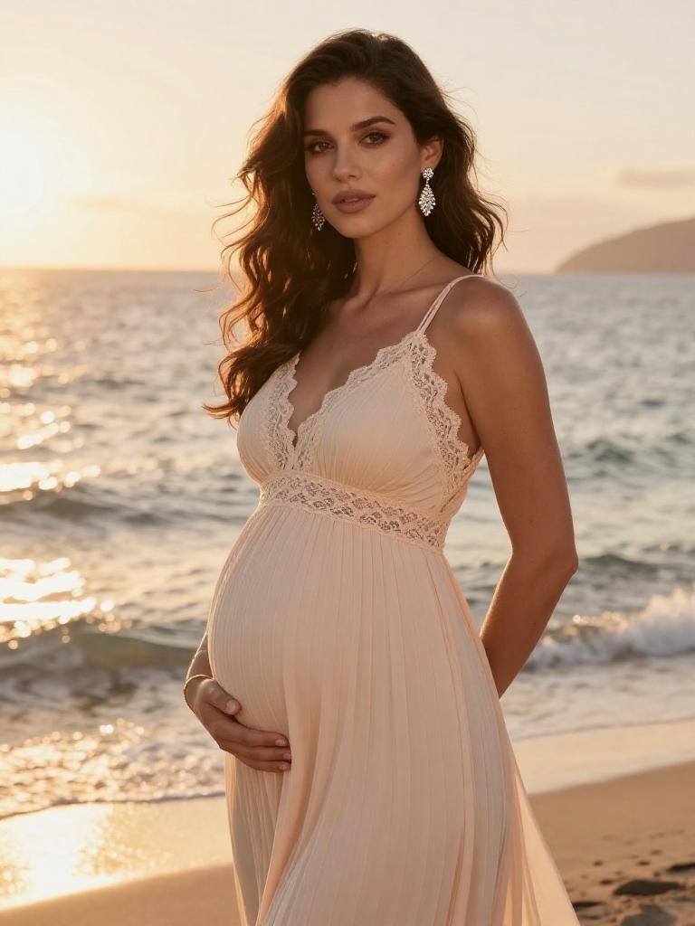 Pregnant Woman in Elegant Beige Dress on Beach at Sunset