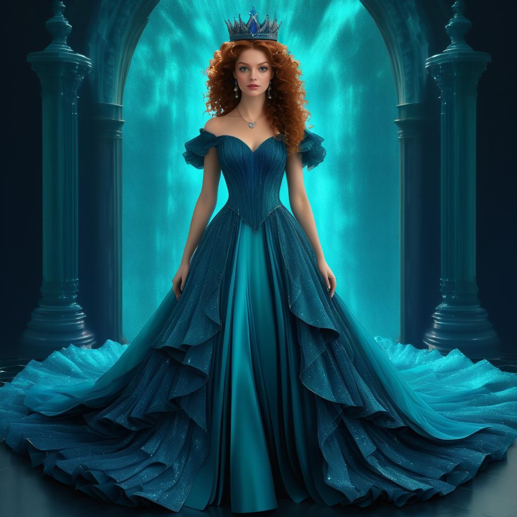 Stunning Woman in Teal Gown with Crown in Ethereal Setting