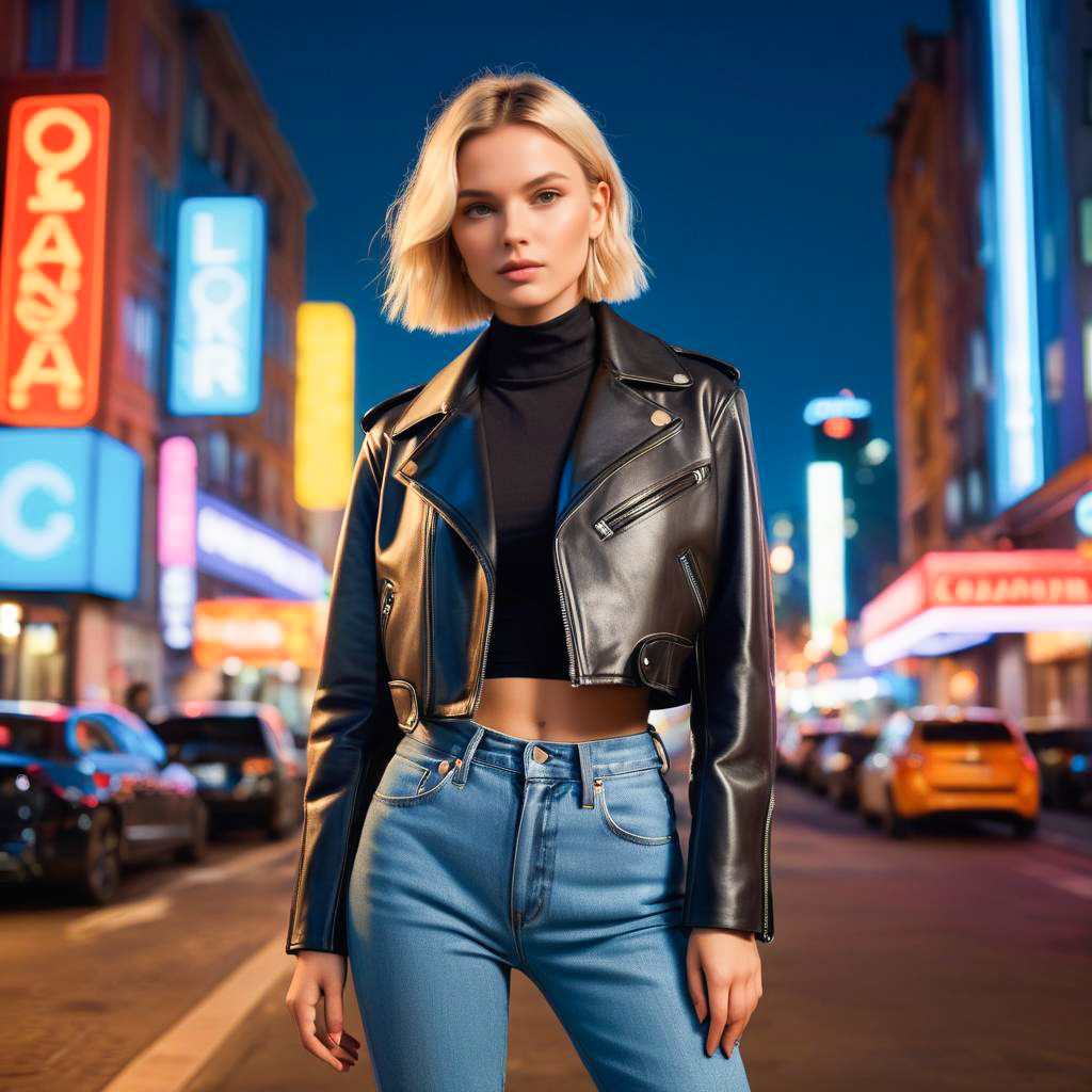 Confident Woman in Stylish Leather Jacket with Neon Lights