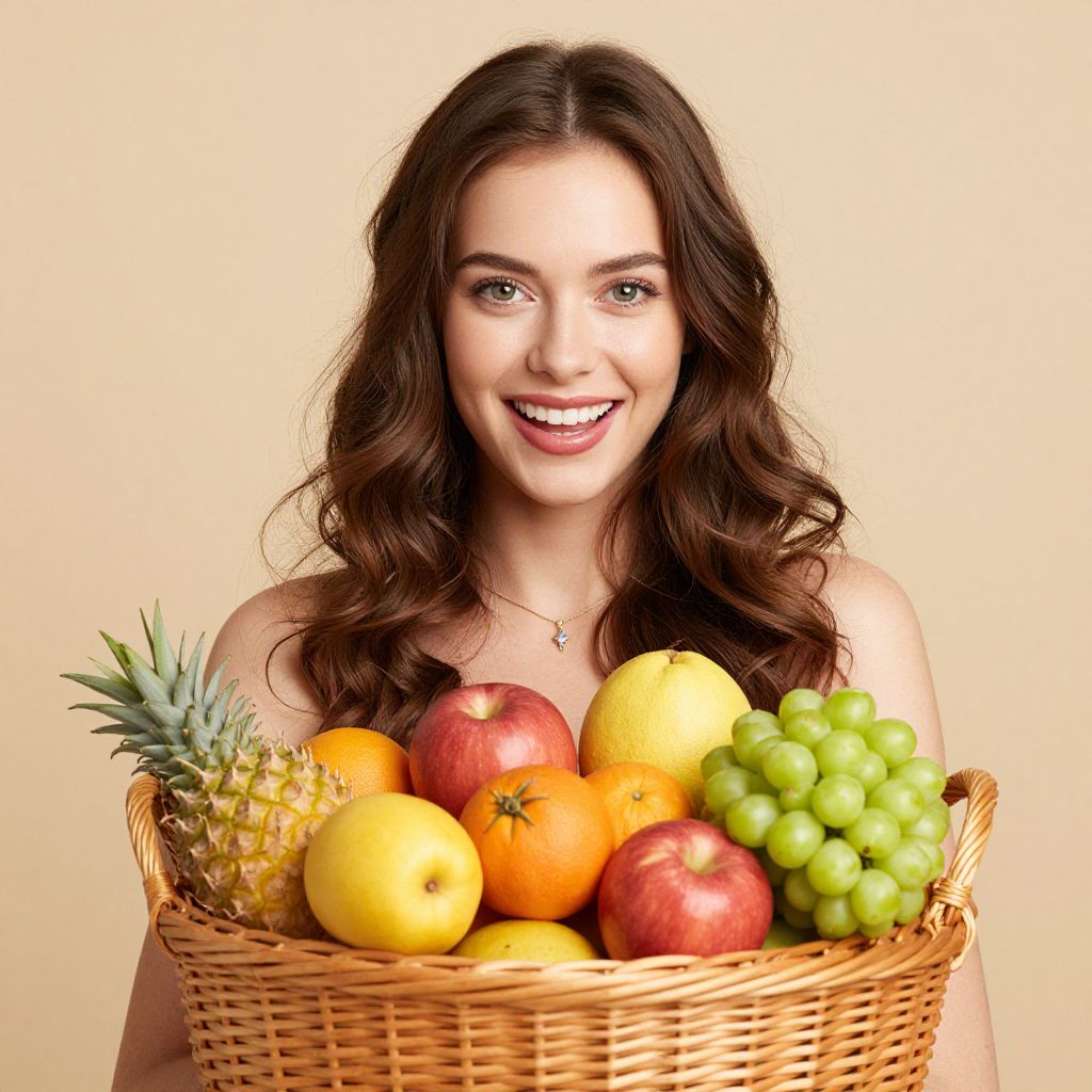 Smiling Woman Holding Basket of Fresh Fruits with Pineapple and Grapes