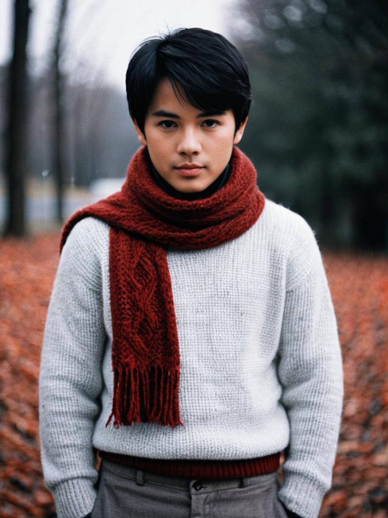 Young Man Wearing Thermal Sweater and Red Scarf in Autumn Outdoors
