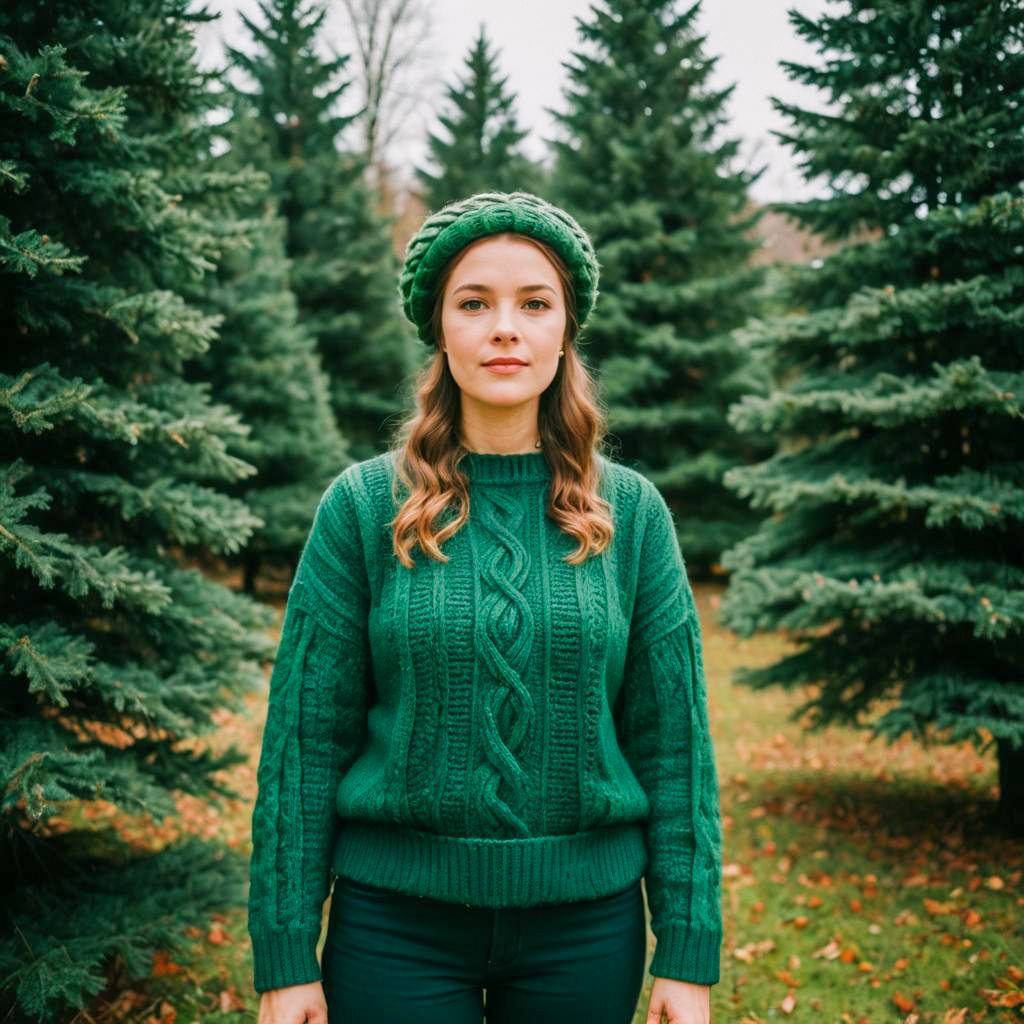Young Woman in Green Knit Sweater and Beret Among Evergreen Trees