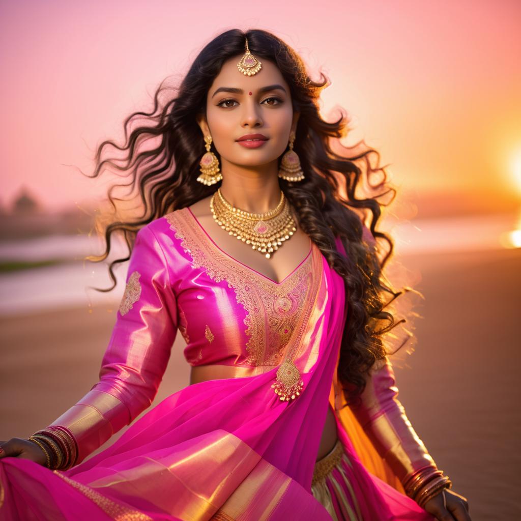 Elegant Woman in Pink Traditional Outfit at Sunset