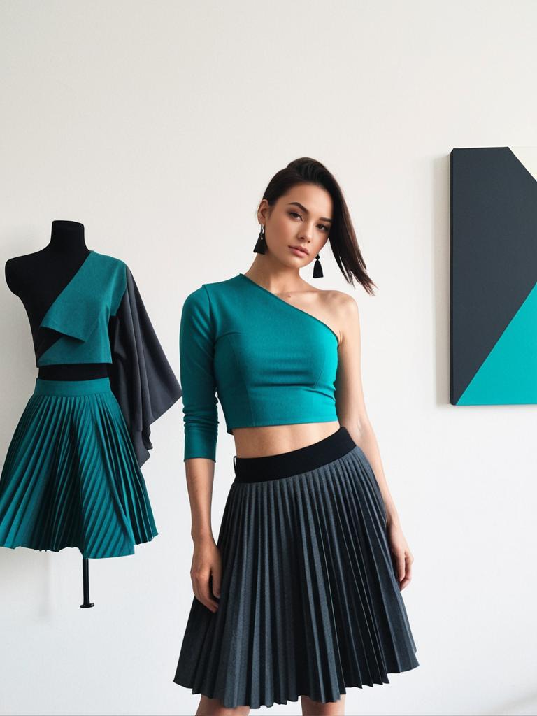 Stylish Woman in Modern Teal Crop Top and Pleated Skirt Next to Mannequin Fashion Display