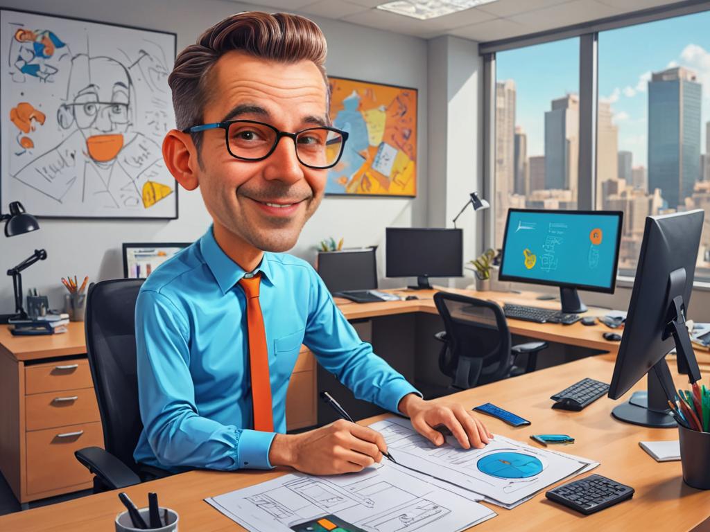 Artistic caricature of a smiling man in a vibrant office