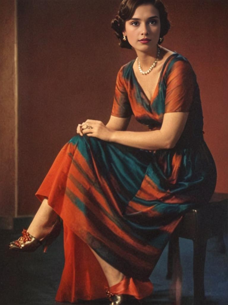 Woman in technicolor striped dress with pearls