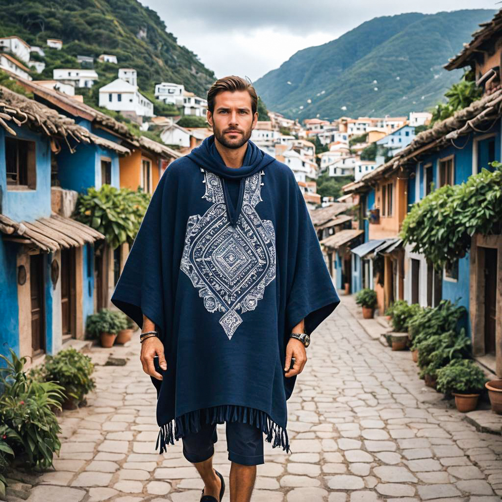 Stylish man in navy poncho in picturesque village