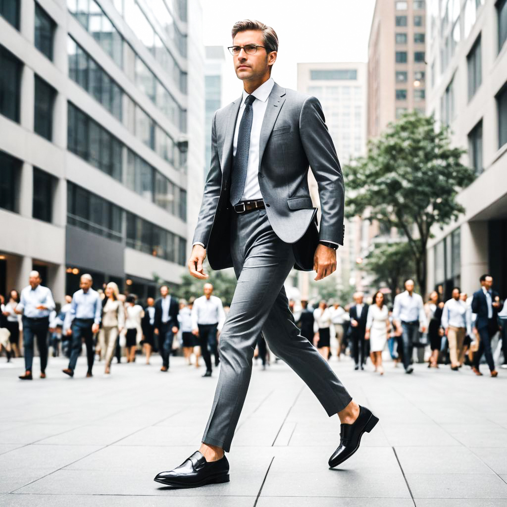 Confident Man in Gray Suit in Urban Crowd