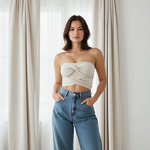Casual Fashion Portrait of Woman in Beige Crop Top and Blue Jeans