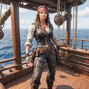 Confident Pirate Woman on Ship Deck