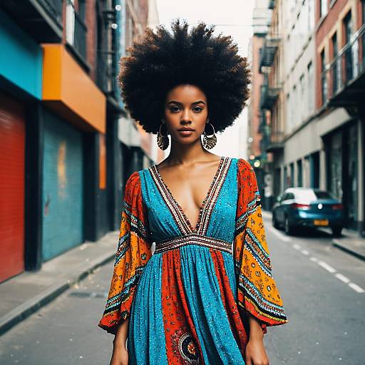 Stylish Woman with Afro Hair in Vibrant Bohemian Dress on Urban Street