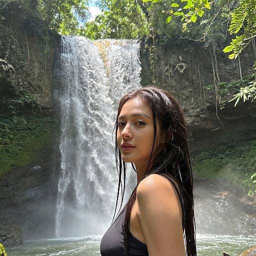 Woman by Waterfall in Tropical Forest Nature Portrait