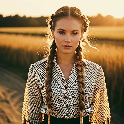 Young Woman with Braided Hair in Wheat Field at Sunset