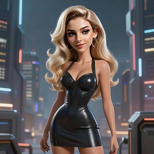 Glamorous Woman in Black Leather Dress Cyberpunk City Digital Art