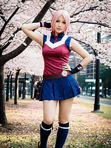 Sexy Sakura Haruno Cosplay Woman in Realistic Costume Under Cherry Blossoms