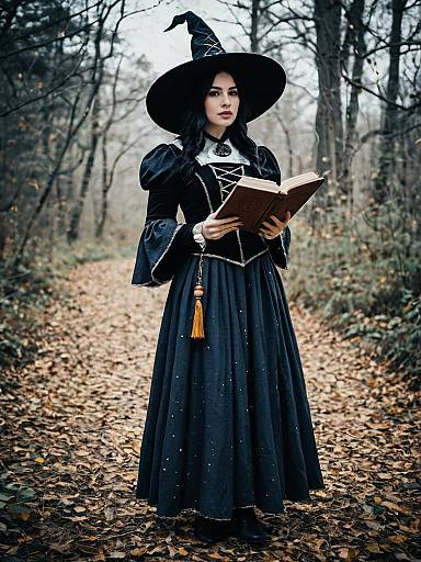 Woman in Elizabethan Witch Costume Holding Spell Book in Forest
