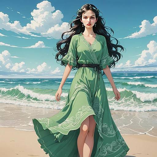 Elegant Woman in Green Dress Walking on Beach Realistic Anime Style