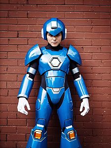 Realistic Mega Man Cosplay Costume on Man Against Brick Wall