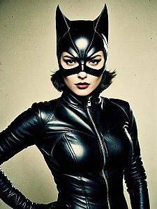 Woman in Stylish Black Leather Catwoman Costume with Mask