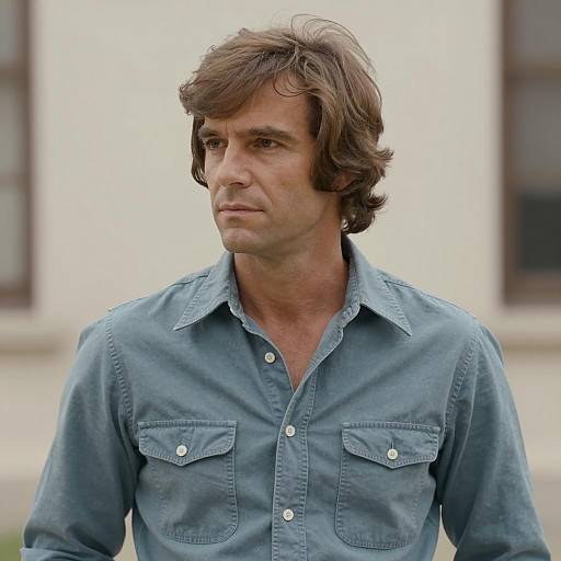 Portrait of a Man in a Blue Shirt with Wavy Hair Outdoors