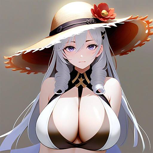 Anime Woman with Silver Hair and Straw Hat Inspired by Azur Lane