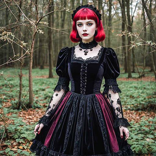 Woman in Gothic Lolita Dress with Red Hair in Forest