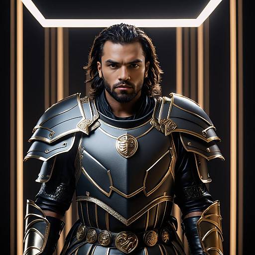Man in Black and Gold Fantasy Armor with Futuristic Lighting