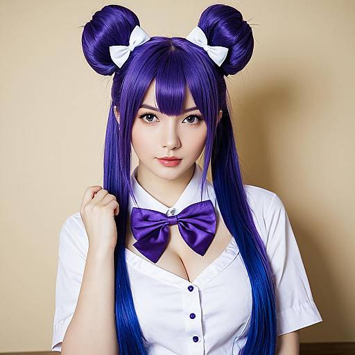 Purple Hair Cosplay Woman with Dual Buns and Bow Tie