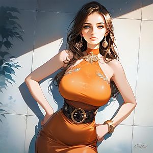 Confident Woman in Orange Dress with Blue Eyes