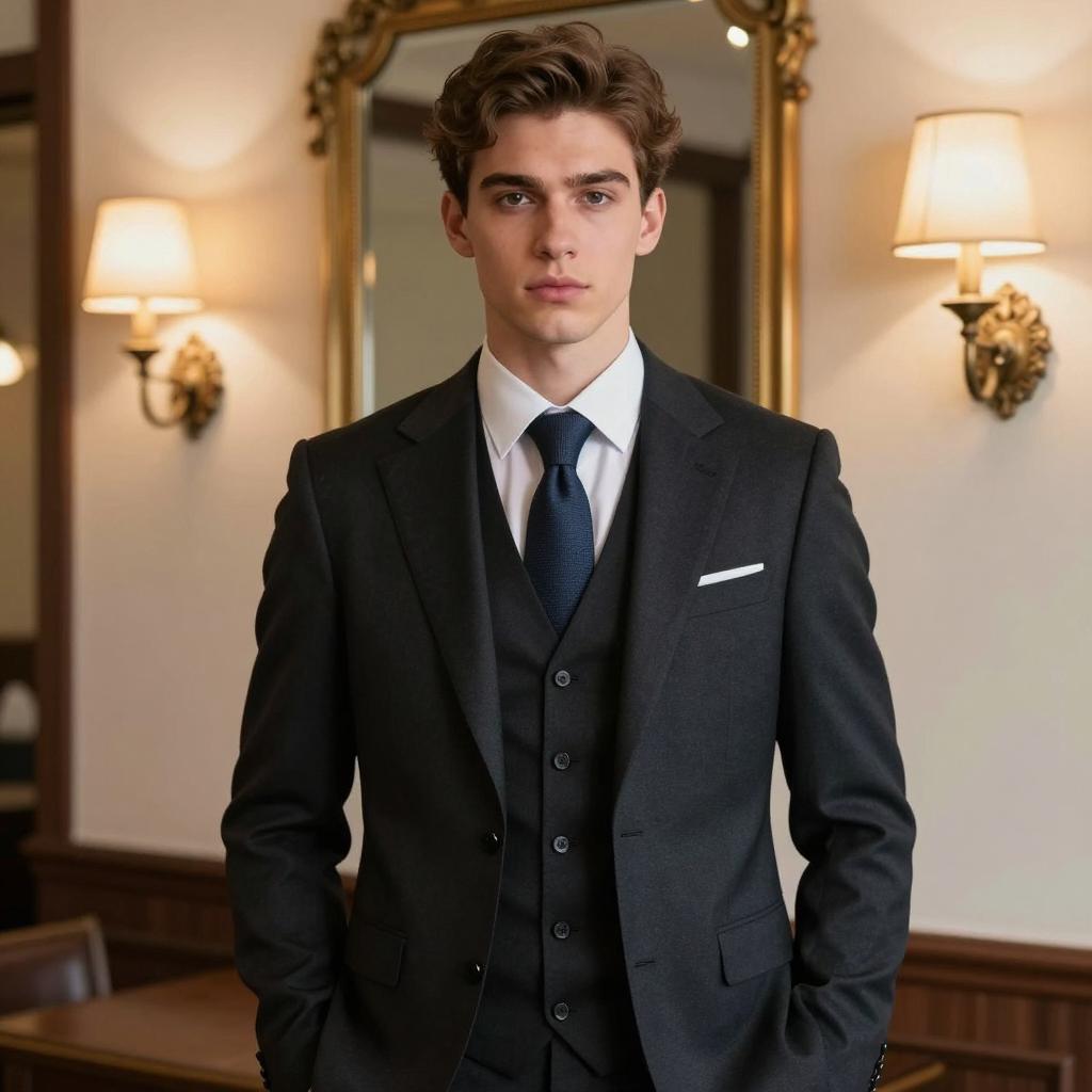 Young Man in Classic Black Three-Piece Suit with Navy Tie