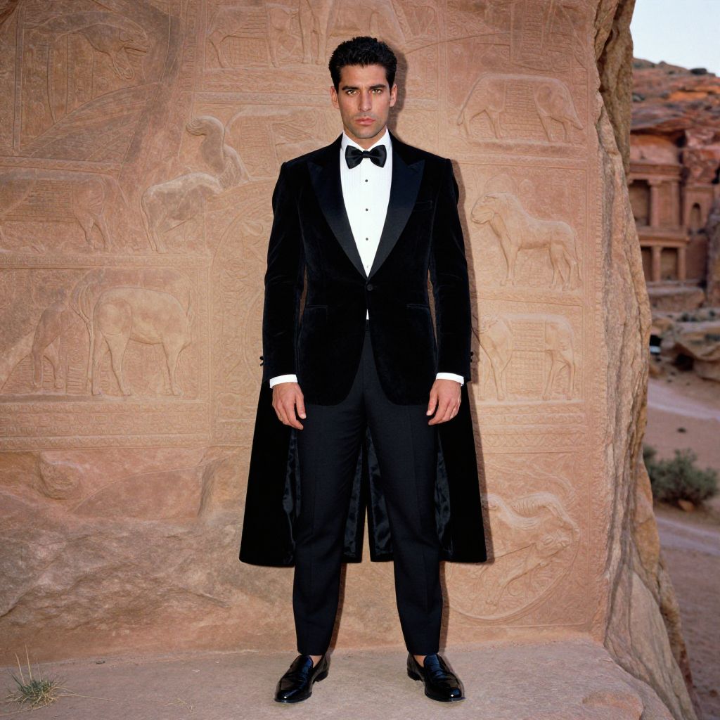 Man in Black Velvet Tuxedo Standing by Ancient Carved Stone Wall