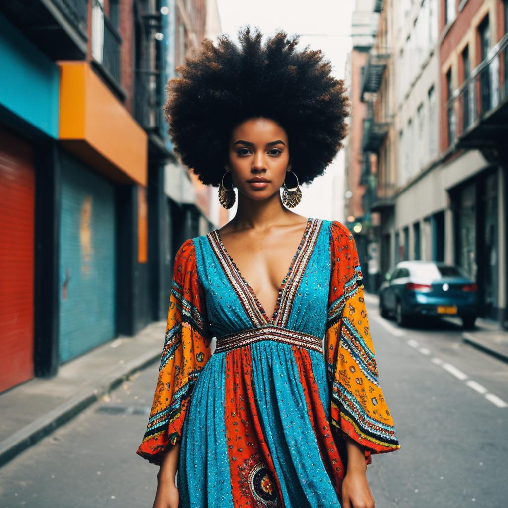Stylish Woman with Afro Hair in Vibrant Bohemian Dress on Urban Street