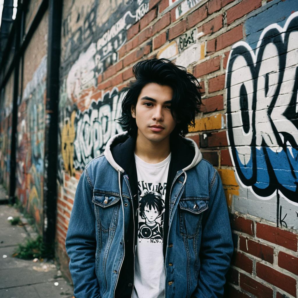 Young Man in Denim Jacket Posing by Graffiti Wall Urban Street Style