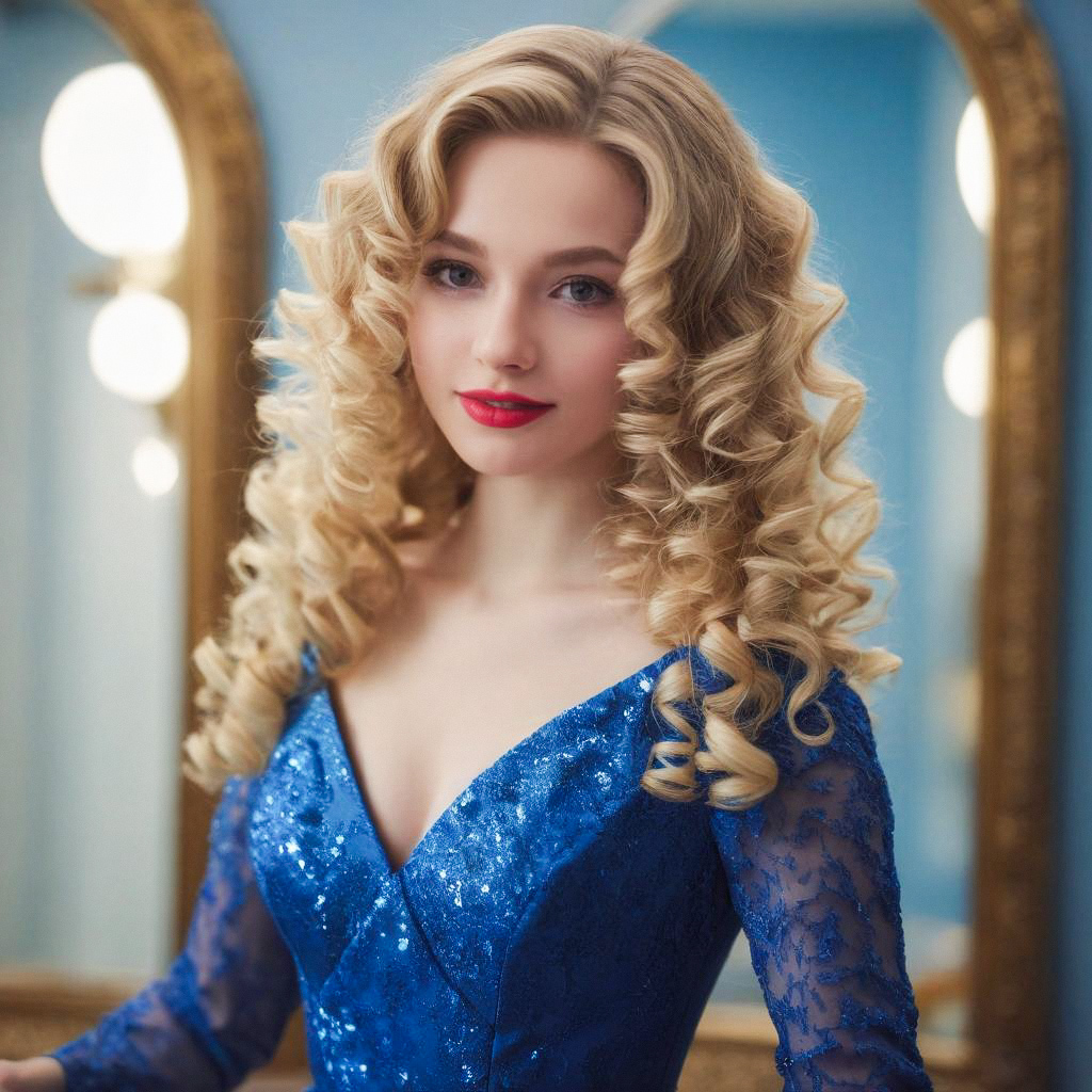 Woman in Blue Dress with Curls by Mirror