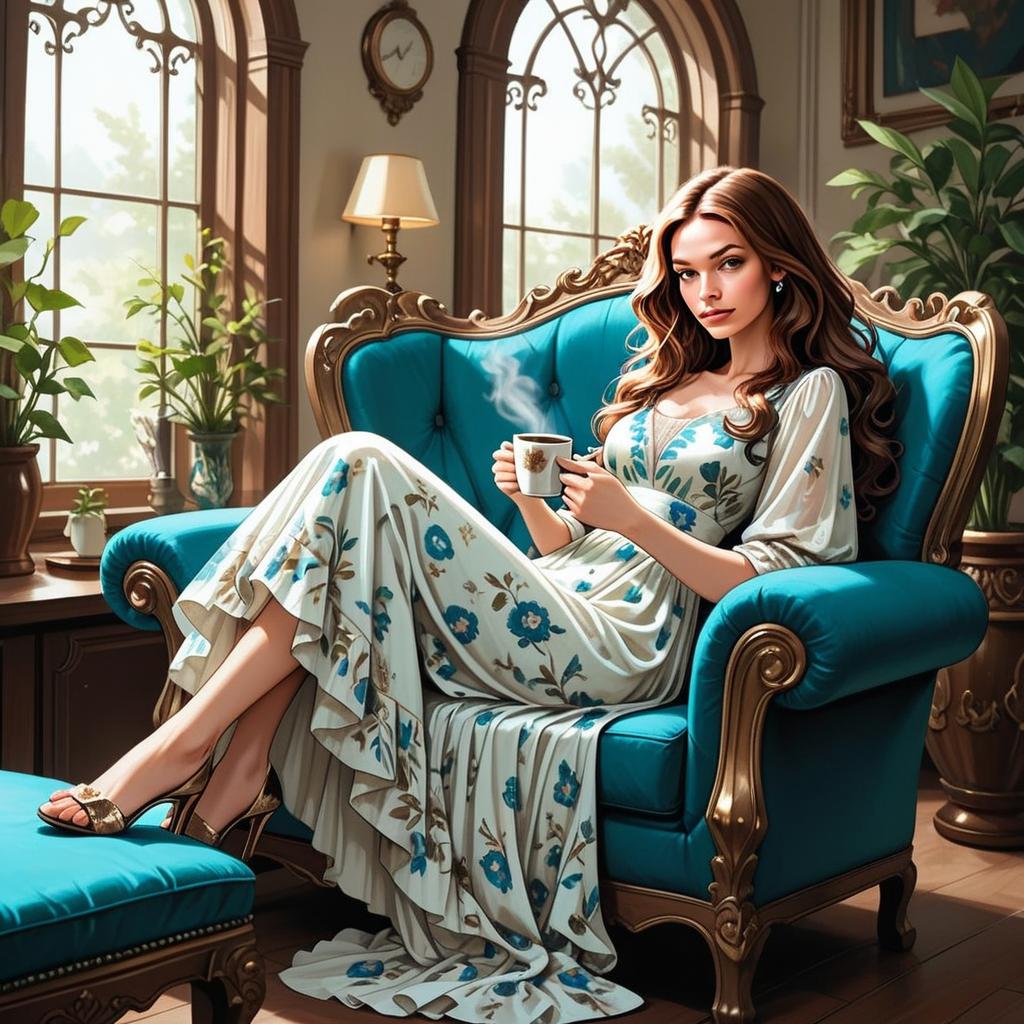 Woman in Floral Dress Relaxing on Turquoise Armchair Woman in Floral Dress Relaxing on Turquoise Armchair