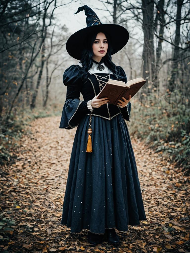 Woman in Elizabethan Witch Costume Holding Spell Book in Forest