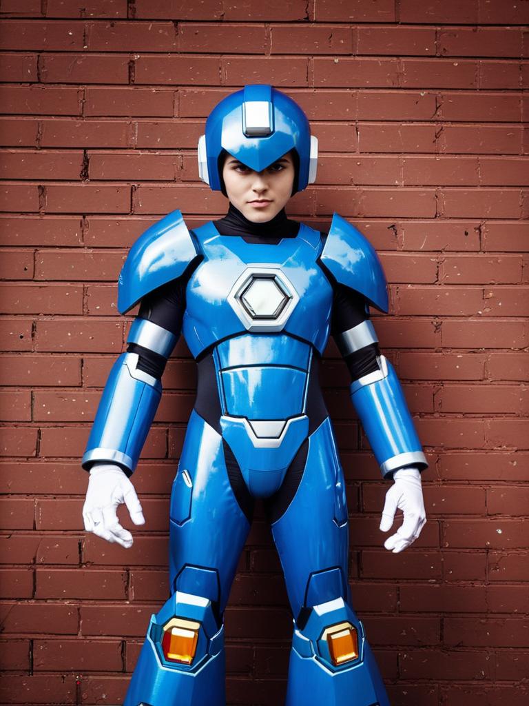 Realistic Mega Man Cosplay Costume on Man Against Brick Wall