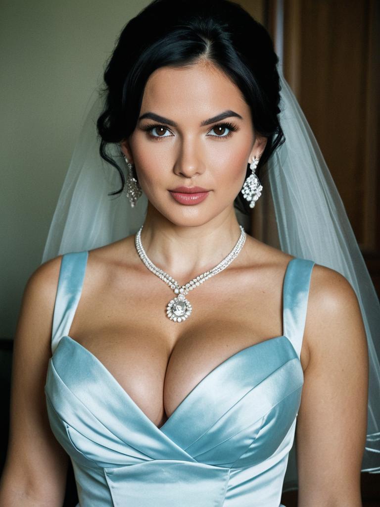 Elegant Woman in Light Blue Bridesmaid Dress with Jewelry and Veil