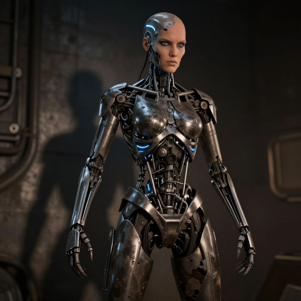 Futuristic Female Humanoid Robot with Exposed Cybernetic Components