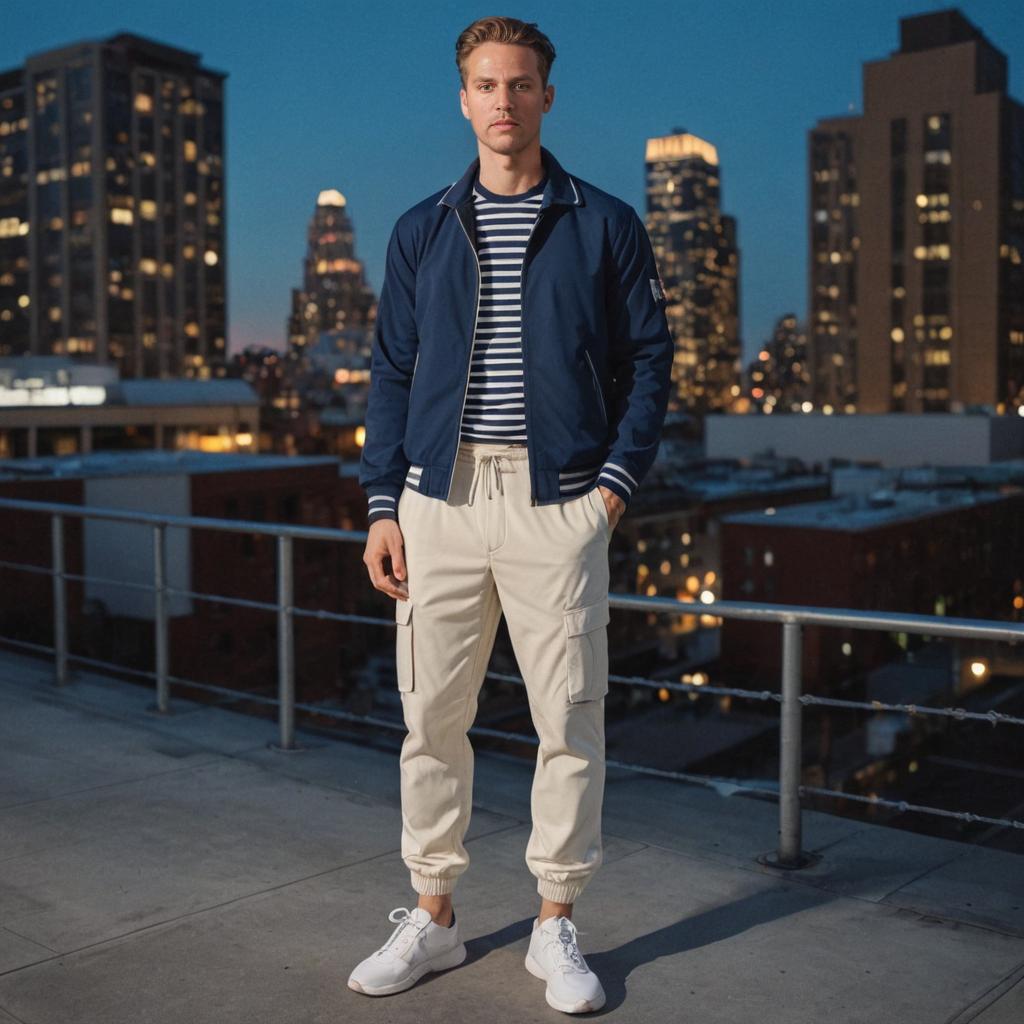 Confident Man in Casual Street Style Against Urban Skyline