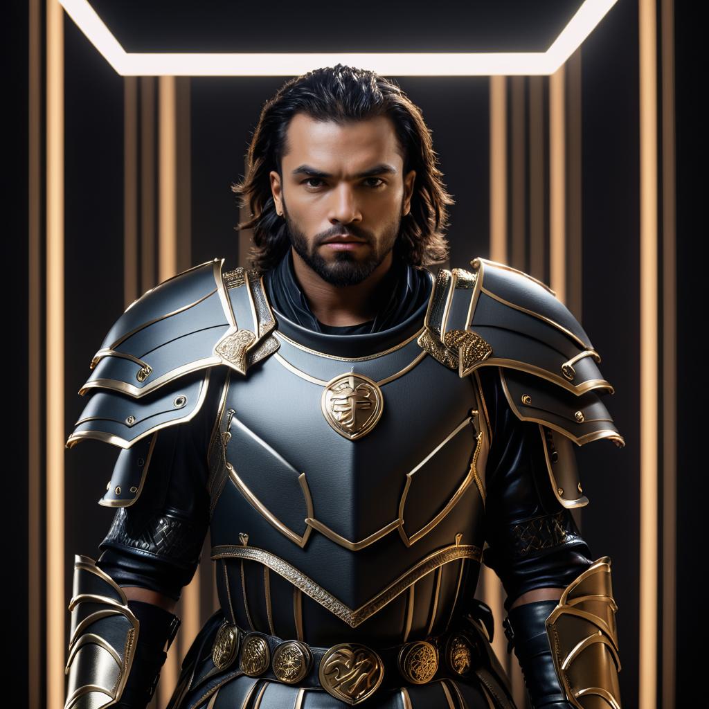 Man in Black and Gold Fantasy Armor with Futuristic Lighting