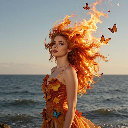Fiery Red-Haired Woman in Autumn Dress by the Ocean