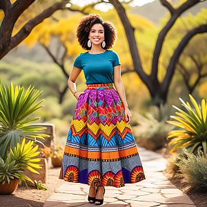 Vibrant Outdoor Fashion Scene with Colorful Skirt