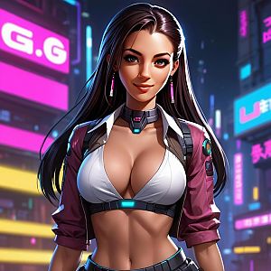 Confident Woman in Cyberpunk Cityscape