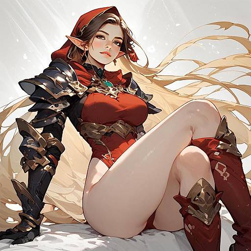 Fantasy Elf Woman in Red Armor Digital Illustration