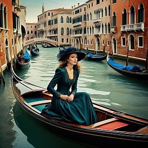 Elegant Woman in Vintage Teal Gown on Venetian Canal