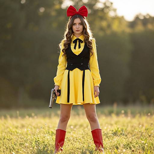Young Woman in Yellow Dress with Red Bow and Pistol Outdoor Portrait