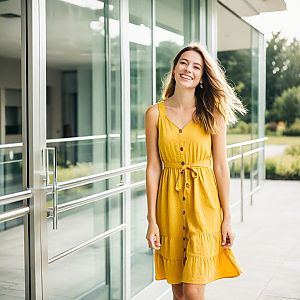 Young Woman in Yellow Sundress by Modern Building