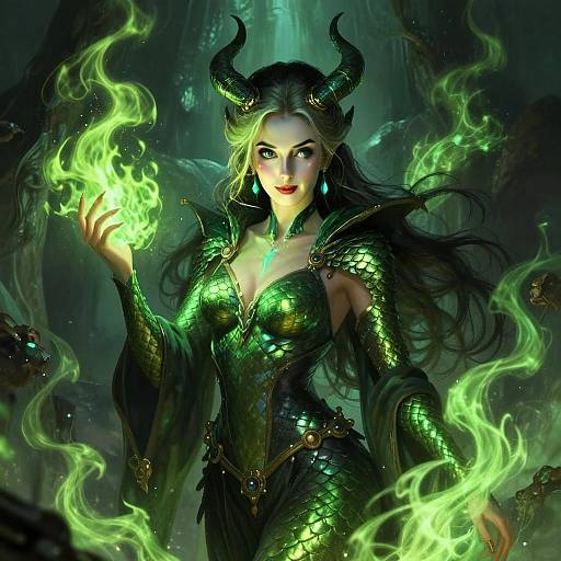 Fantasy Woman in Green Scaled Armor with Magical Green Flames