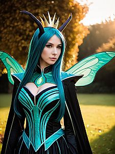 Woman in Realistic Queen Chrysalis Cosplay Costume with Wings and Crown
